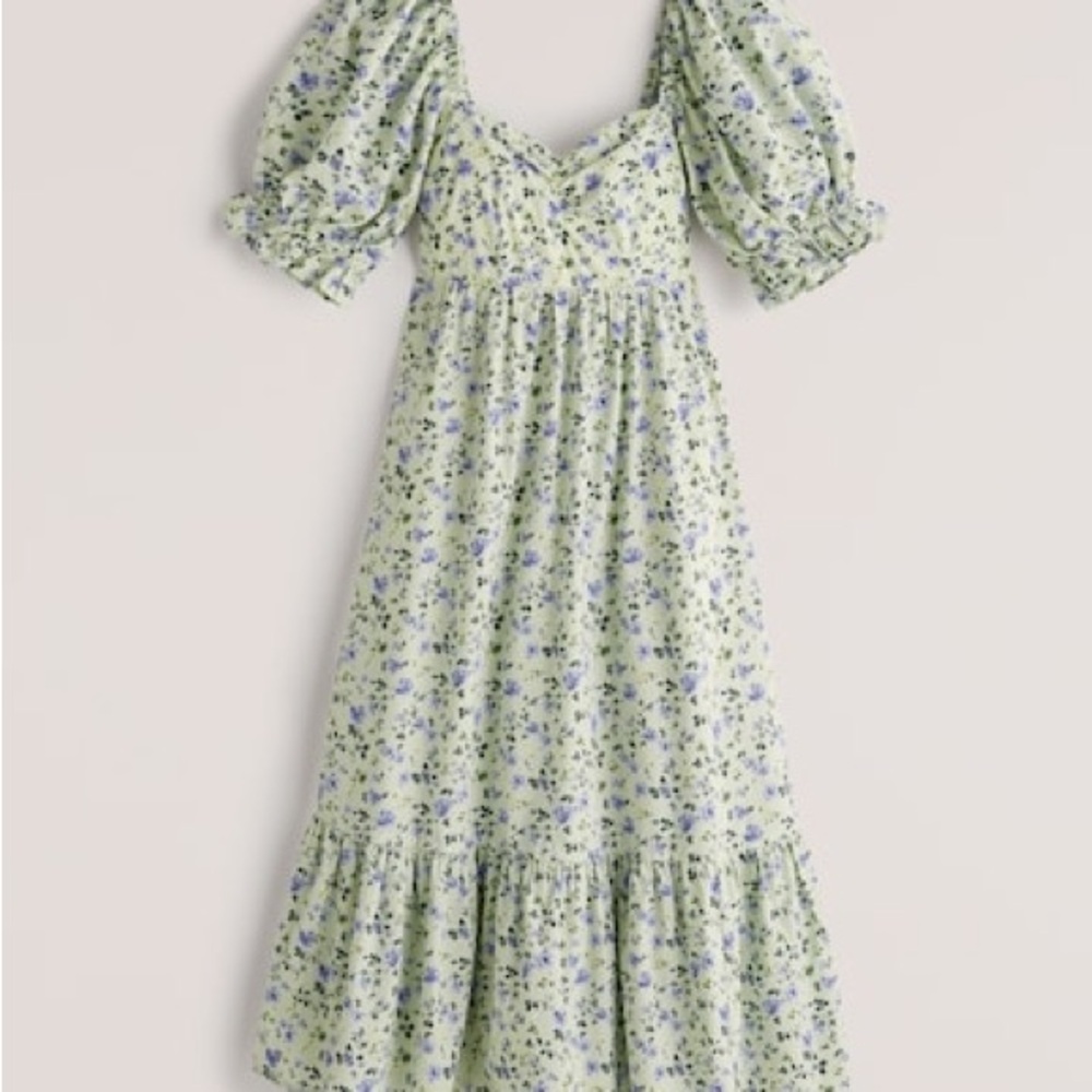 Abercrombie & Fitch Puff Sleeve Poplin Midi Dress - Green with Blue floral